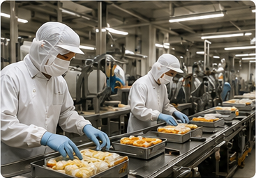食品工場で製品を検品する作業員