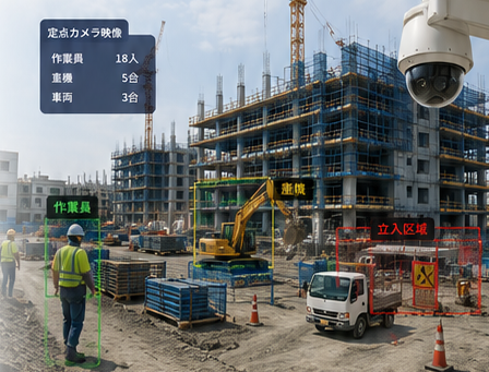 定点カメラとAI検知を活用した建設現場のイメージ